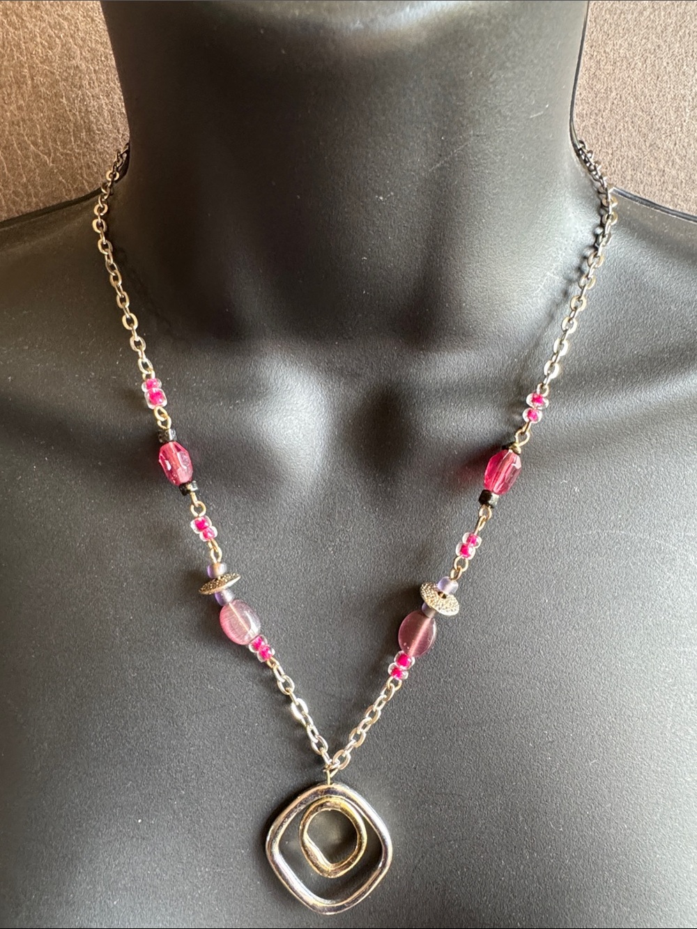 Pink Beaded Necklace with Double Square Pendant - Women's Jewelry